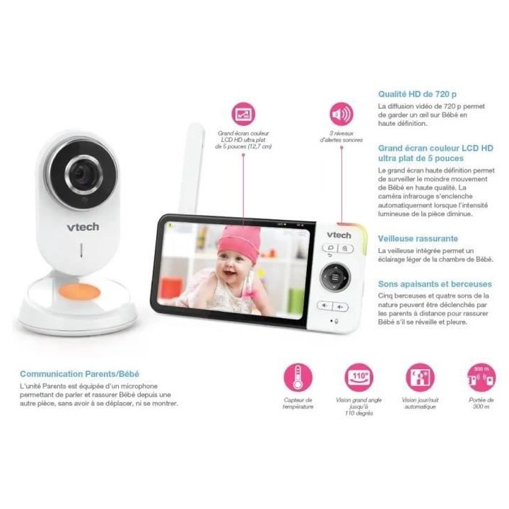 VTECH - Babyphone Vidéo Wide View HD (Écran 5 Ultra Plat HD - Veille
