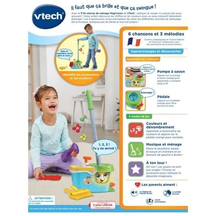 VTECH - 1,2,3 Imite-Moi - P'tit Chariot de Ménage Magi'clean - Jouet