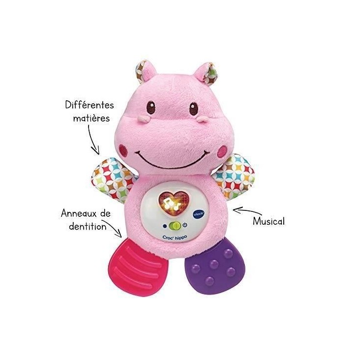 VTECH BABY - Hochet Croc'Hippo - Peluche Texturée Rose