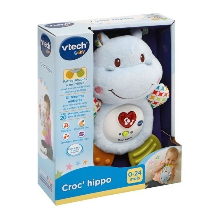 VTECH BABY - Hochet Croc'Hippo - Peluche Texturée Bleue