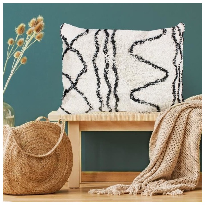 Coussin berbere Ethno - 60 x 80 cm - Beige naturel et noir