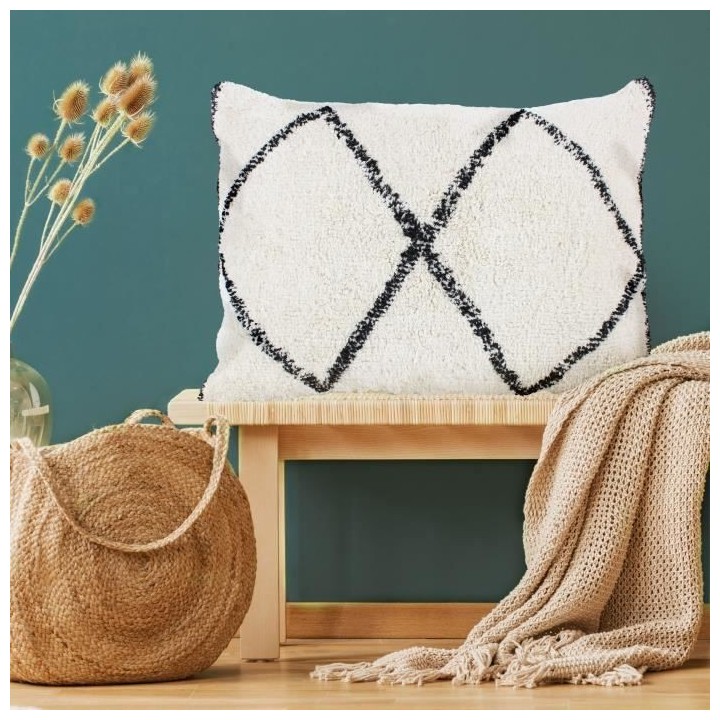 Coussin berbere Box - 60 x 80 cm - Blanc naturel et noir