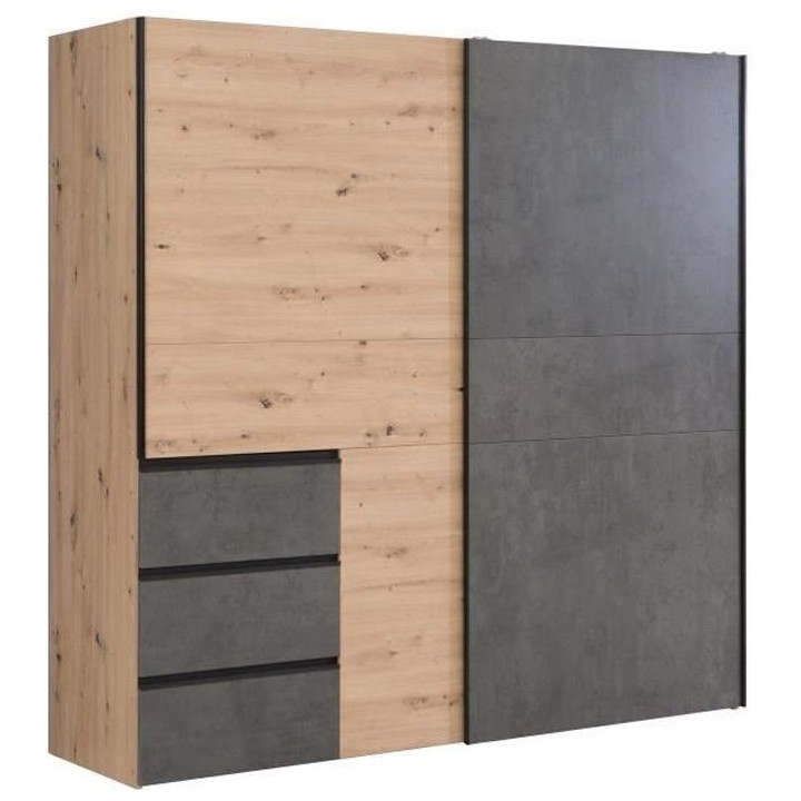 Armoire 2 portes coulissantes 3 tiroirs - Décor chene artisan et bét