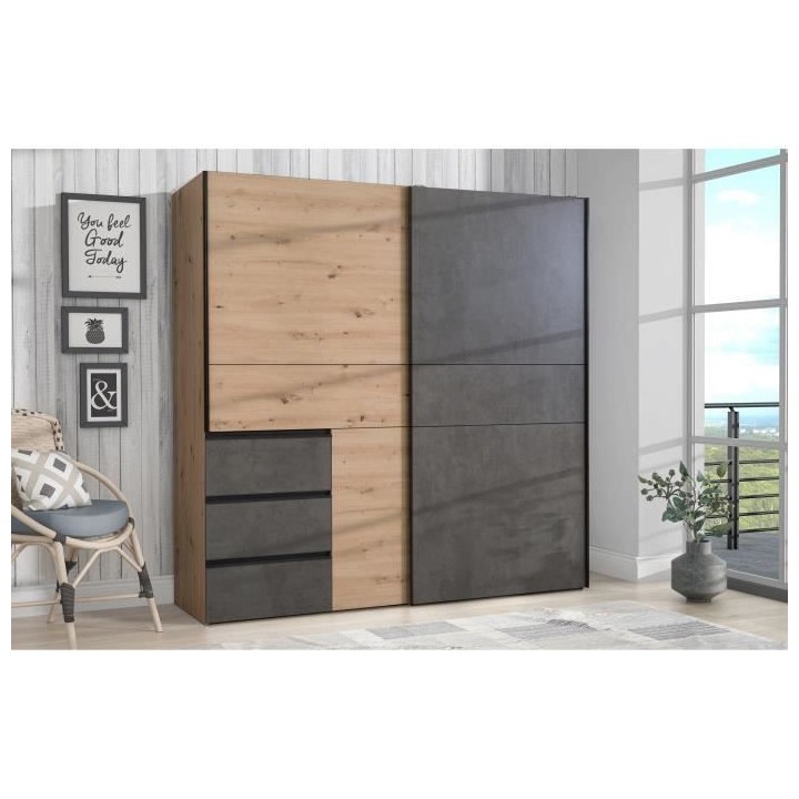 Armoire 2 portes coulissantes 3 tiroirs - Décor chene artisan et bét