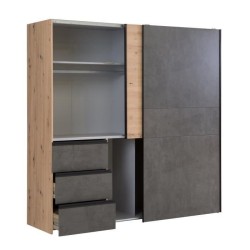 Armoire 2 portes coulissantes 3 tiroirs - Décor chene artisan et béton gris - L 200,1 x P 61,2 x H 200,5 cm - WINN2