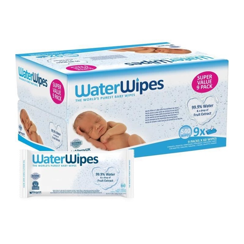 WATERWIPES Lingettes Bébé peaux sensibles - Lot de 9x60