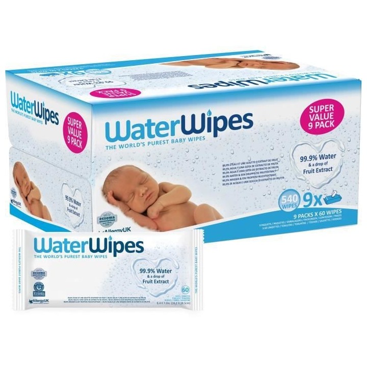 WATERWIPES Lingettes Bébé peaux sensibles - Lot de 9x60