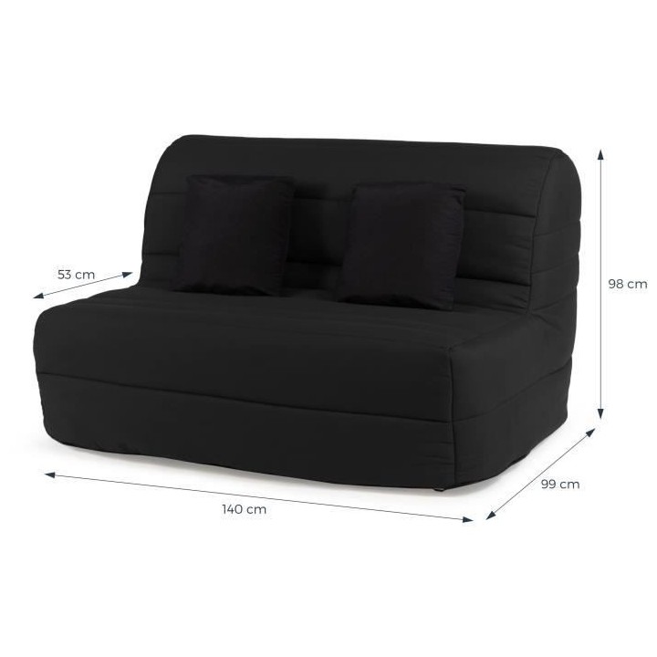 DUNLOPILLO Banquette BZ - Tissu Noir + 2 coussins noir - L 140 x P 99