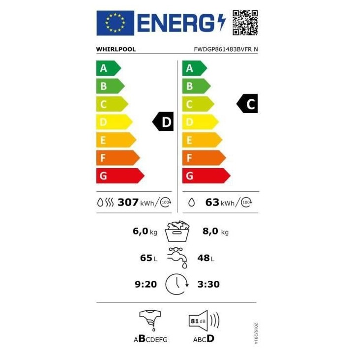 Lave-linge séchant WHIRLPOOL FWDGP861483BVFRN FreshCare - 8 / 6 kg -