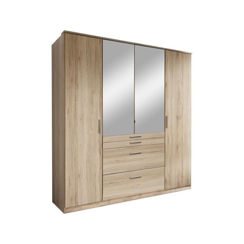 Armoire - Panneaux de particules - Aspect chene San Remo - 4 portes miroir - Chambre - L 180 x P 58 x H 198 cm