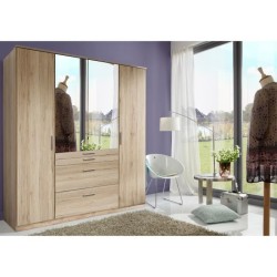 Armoire - Panneaux de particules - Aspect chene San Remo - 4 portes miroir - Chambre - L 180 x P 58 x H 198 cm