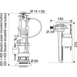 WIRQUIN Mécanisme de WC MW² double poussoirs a câble + Robinet flotteur Jollyfill latéral