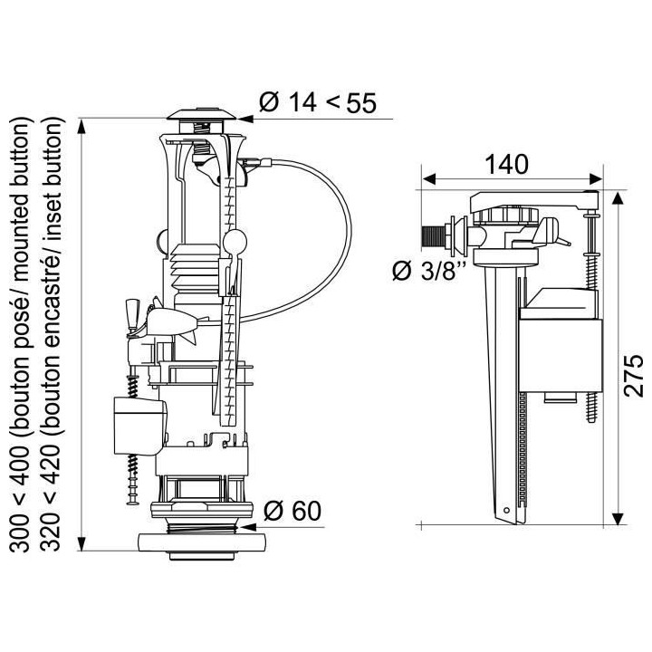 WIRQUIN Mécanisme de WC MW² double poussoirs a câble + Robinet flot