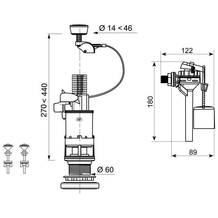 WIRQUIN Mécanisme de WC 3/6 laiton a câble + Robinet flotteur latér