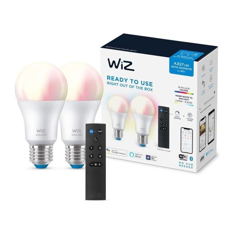 Pack de découverte WiZ 2 ampoules connectées couleur E27 60W + Télécommande nomade variateur de lumiere