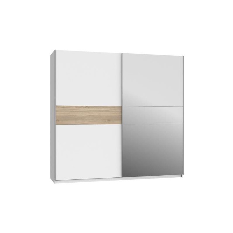 Armoire 2 portes coulissantes + miroir - Décor Blanc et Sonoma - L 220,1 x P 61,2 x H 209,7 - ATOS