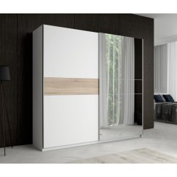 Armoire 2 portes coulissantes + miroir - Décor Blanc et Sonoma - L 220,1 x P 61,2 x H 209,7 - ATOS