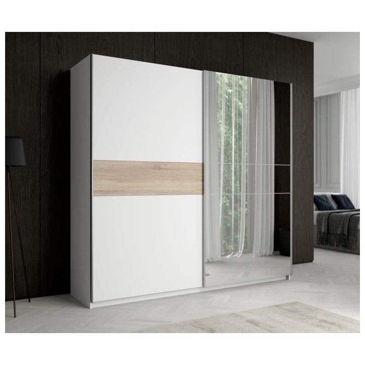Armoire 2 portes coulissantes + miroir - Décor Blanc et Sonoma - L 22