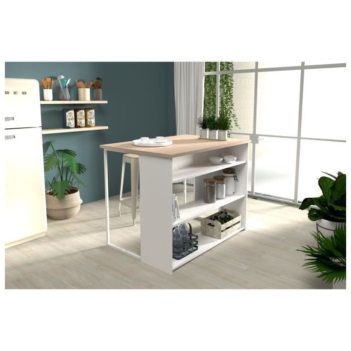 EKIPA Ilot de cuisine - Décor Chene Jackson et Blanc - 116x90x81 cm -