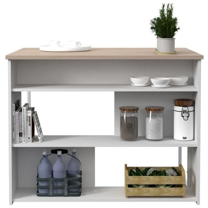 EKIPA Ilot de cuisine - Décor Chene Jackson et Blanc - 116x90x81 cm -