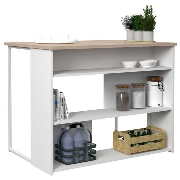 EKIPA Ilot de cuisine - Décor Chene Jackson et Blanc - 116x90x81 cm -