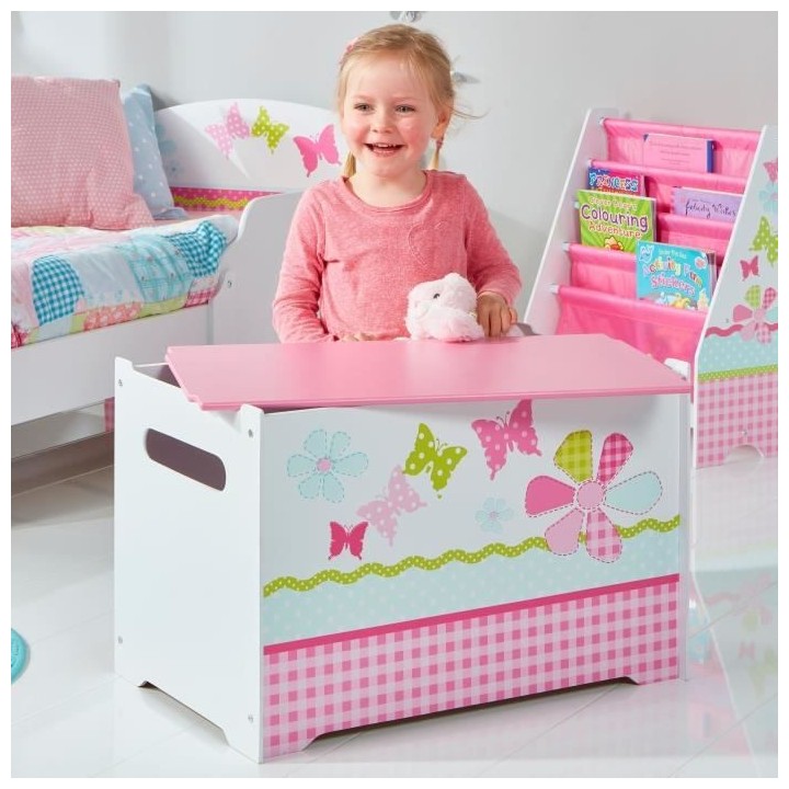 Coffre a Jouets Enfant en bois avec couvercle HelloHome Rose et Blanc