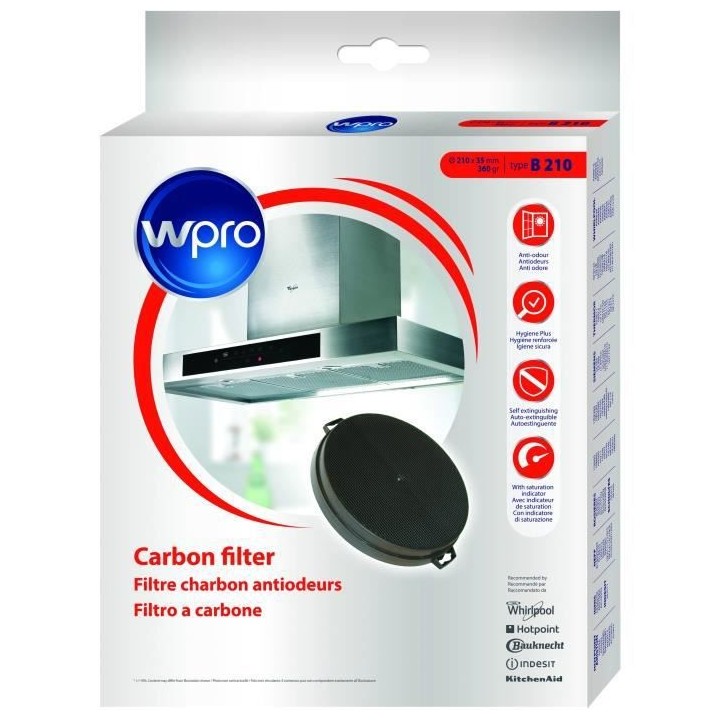 Wpro CHF210/1 Filtre de hotte a charbon B210 diam 210mm x h 30mm