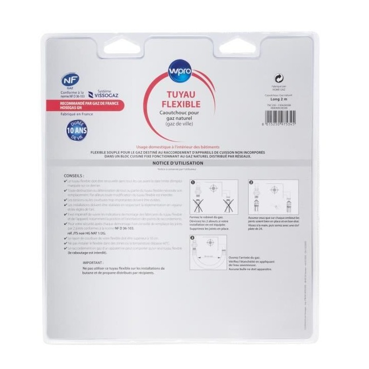 WPRO TNC200 - Tuyaux de Gaz caoutchouc naturel pour plaques de cuisson