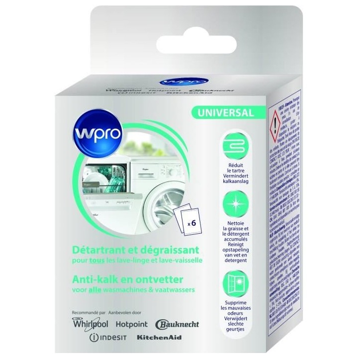 WPRO DES616 Détartrant 3 en 1 pour lave-linge et lave-vaisselle - 6 s