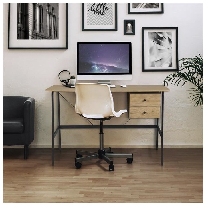 Bureau de travail 2 tiroirs en métal - Pieds noir - MENTOR