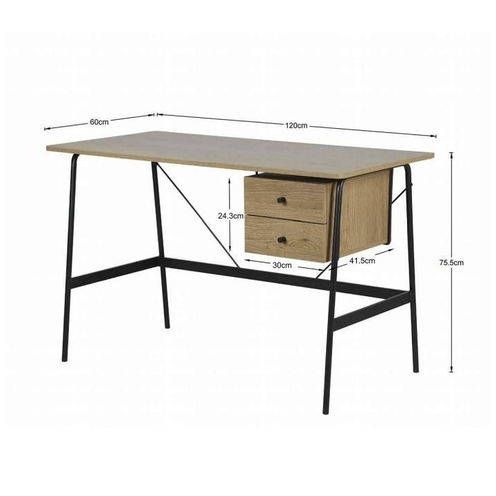 Bureau de travail 2 tiroirs en métal - Pieds noir - MENTOR