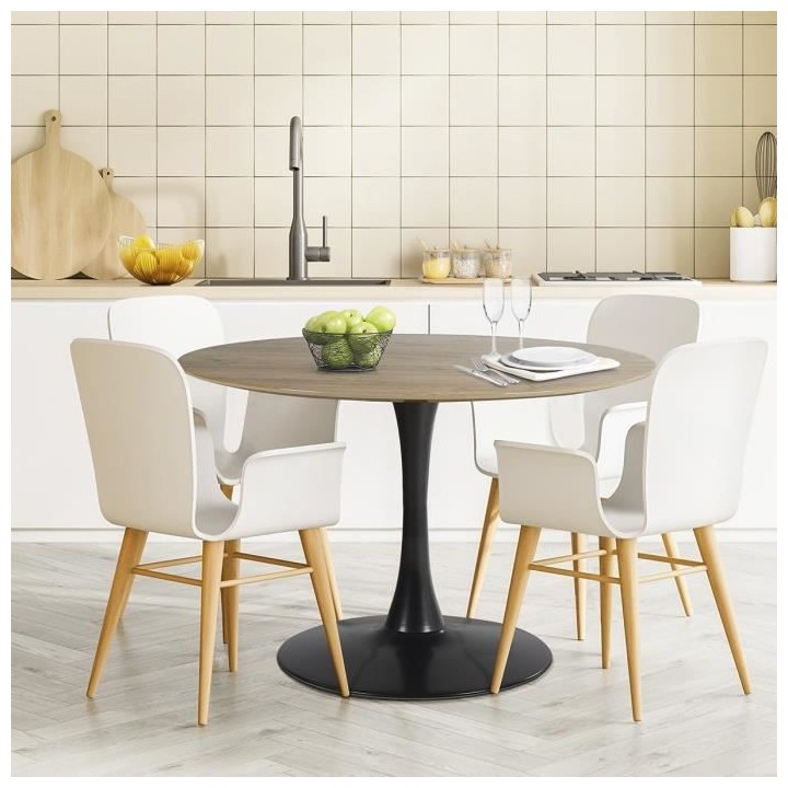 Table a manger ronde TULIPE - Décor noyer - Métal noir - 4 personnes