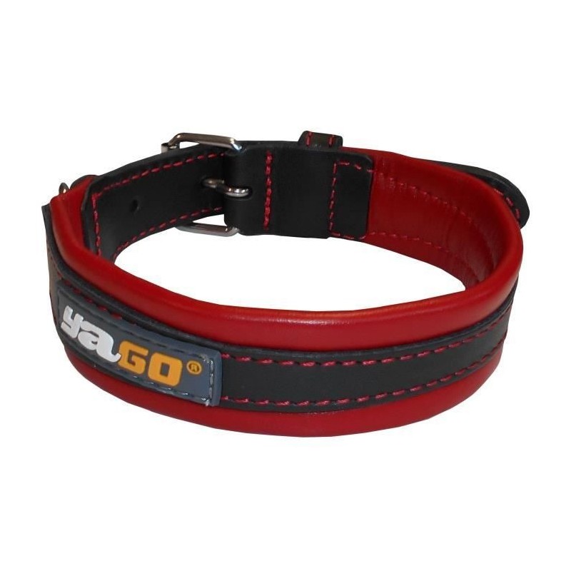 YAGO Collier en Cuir Noir et Rouge Souple et Réglable pour moyen chien, taille M 34-43 cm