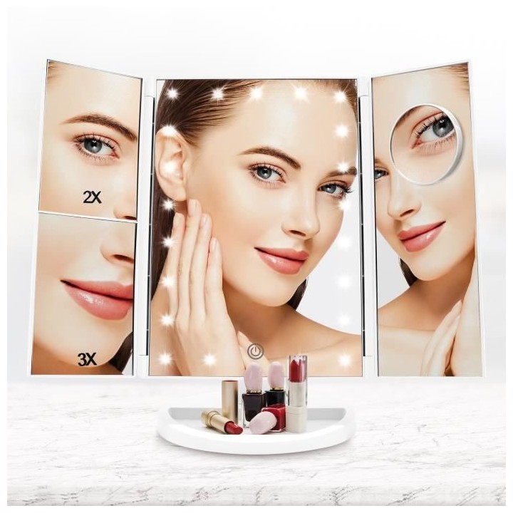 YOGHI Miroir Grossissant Triptyque pliable 21 LED - Lumiere blanc