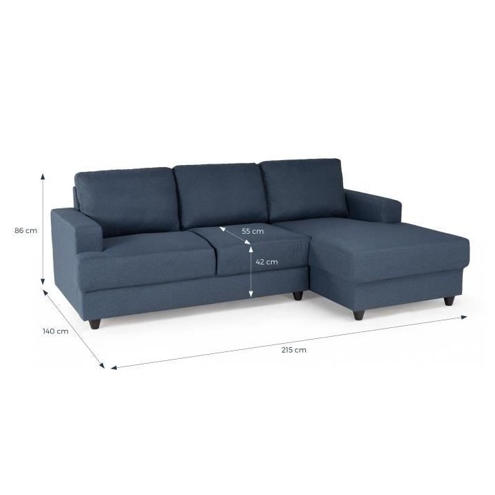 Canapé d'angle droit 4 places - Tissu bleu - Contemporain - L 215 x P