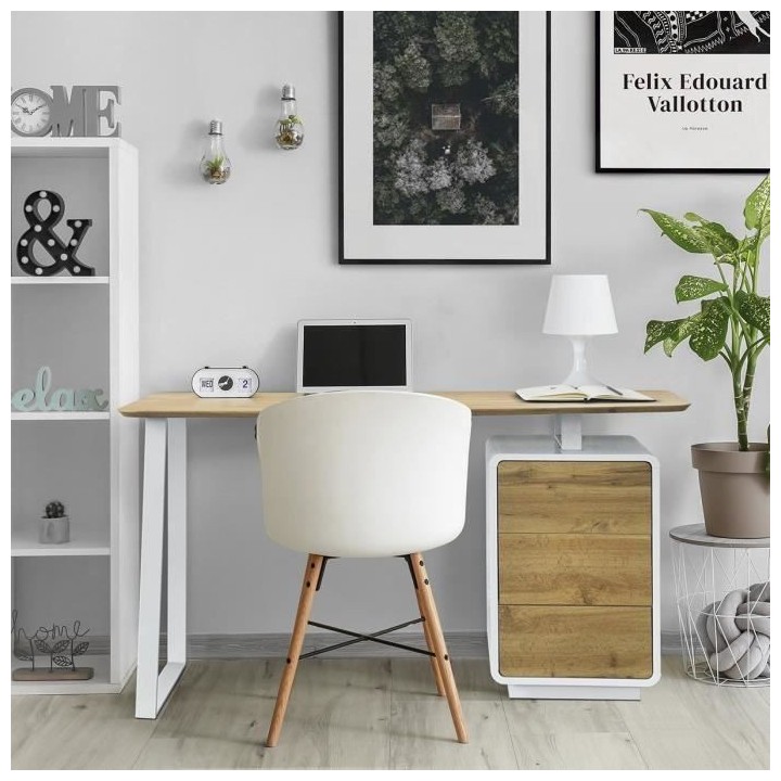 Bureau 3 tiroirs - Décor bois et blanc - L 140 x P 60 x H 76 - BERLIN