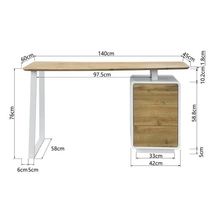 Bureau 3 tiroirs - Décor bois et blanc - L 140 x P 60 x H 76 - BERLIN