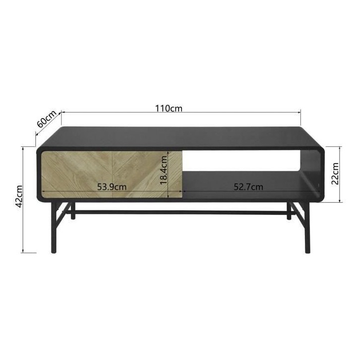 Table basse 1 tiroir - Bois et métal noir - L 110 x P 60 x H 42 - BRO