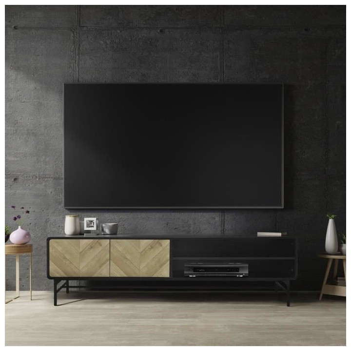 Meuble TV 2 portes - Bois et métal noir - L 180 x P 40 x H 52 - BROOK