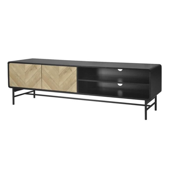 Meuble TV 2 portes - Bois et métal noir - L 180 x P 40 x H 52 - BROOK