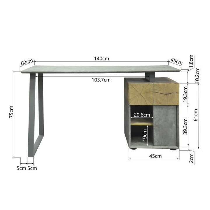 Bureau 1 porte 1 tiroir - Décor bois blanc et gris - L 140 x P 60 x H