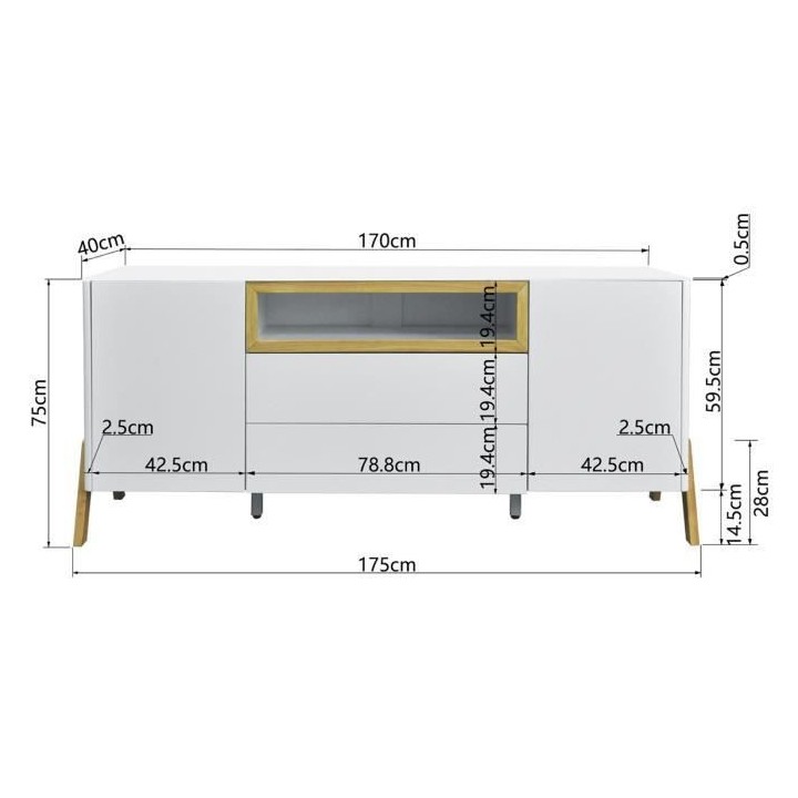 Buffet 2 portes 2 tiroirs - Niche de rangement - Bois - L 175 x P 40 x