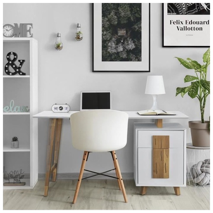 Bureau 1 porte 1 tiroir - Décor bois et blanc - L 140 x P 76 x H 60 -