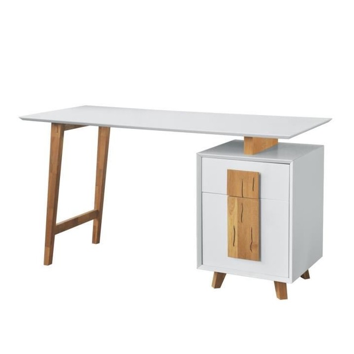 Bureau 1 porte 1 tiroir - Décor bois et blanc - L 140 x P 76 x H 60 -