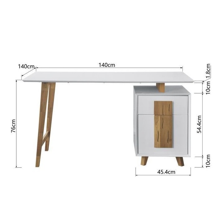Bureau 1 porte 1 tiroir - Décor bois et blanc - L 140 x P 76 x H 60 -