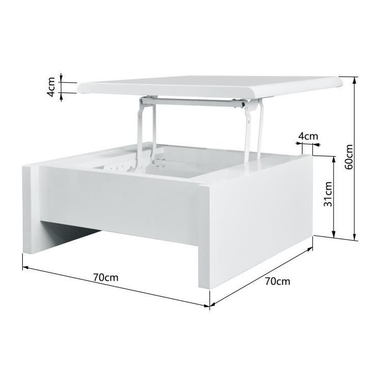 Table basse relevable - Blanc laqué - L 75 x P 75 x H 35 - KARL