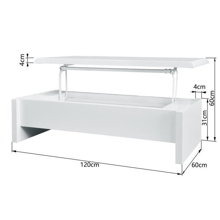 Table basse relevable - Blanc laqué - L 120 x P 60 x H 35 - LARS