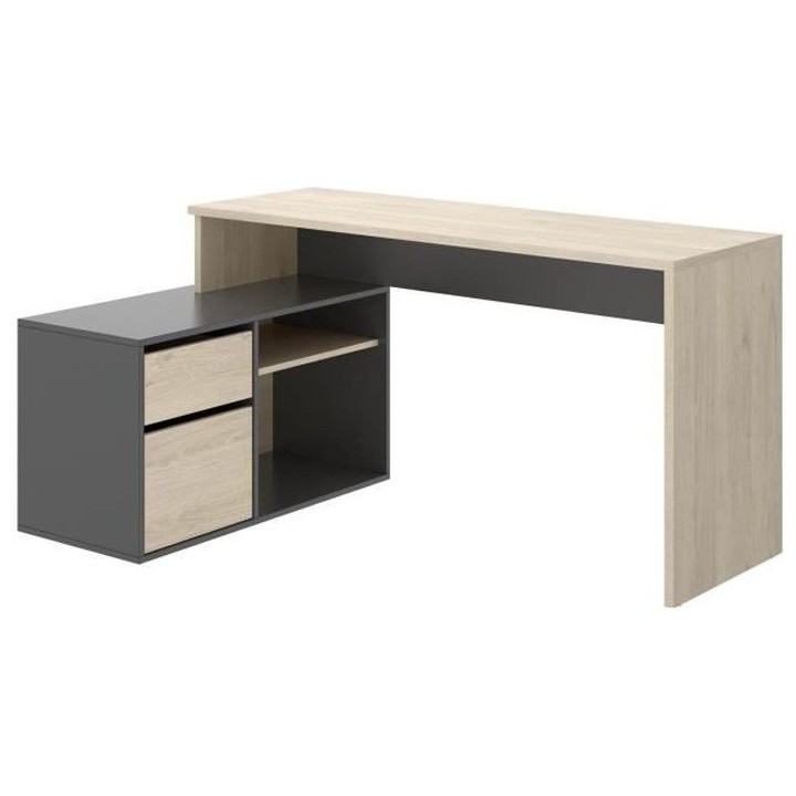 Bureau d'angle reversible 1 tiroir + 1 porte - Décor chene et gris -