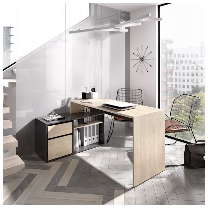 Bureau d'angle reversible 1 tiroir + 1 porte - Décor chene et gris -