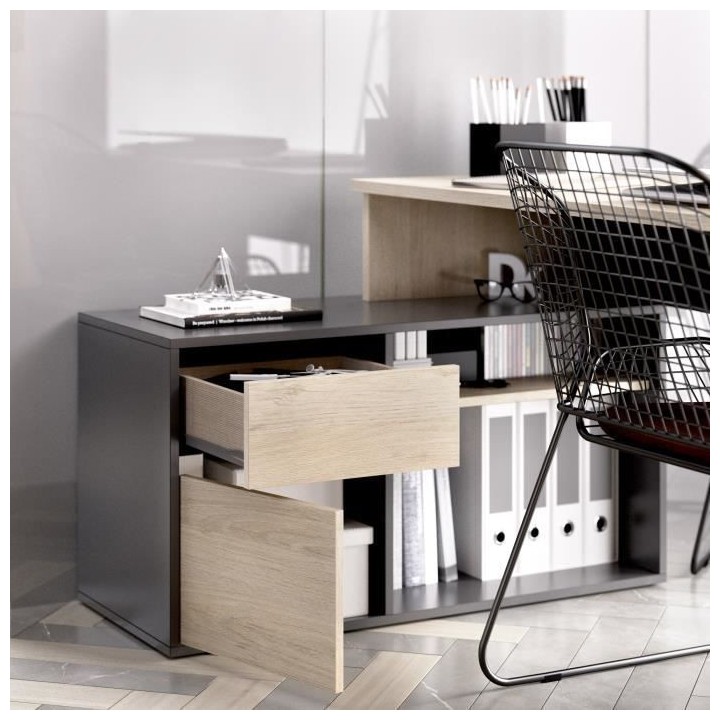 Bureau d'angle reversible 1 tiroir + 1 porte - Décor chene et gris -